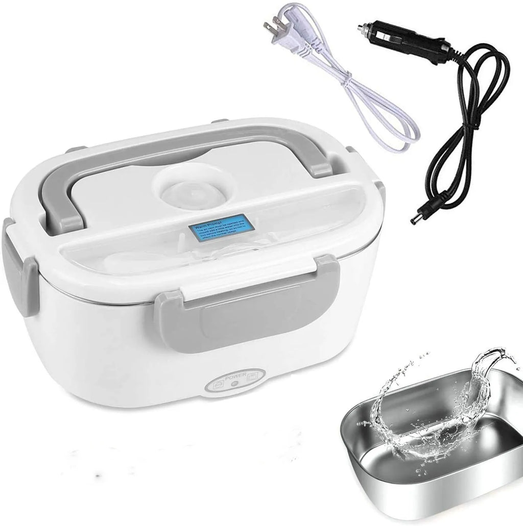 Grey dual-power electric lunch box with car and home compatibility showing mechanical controls