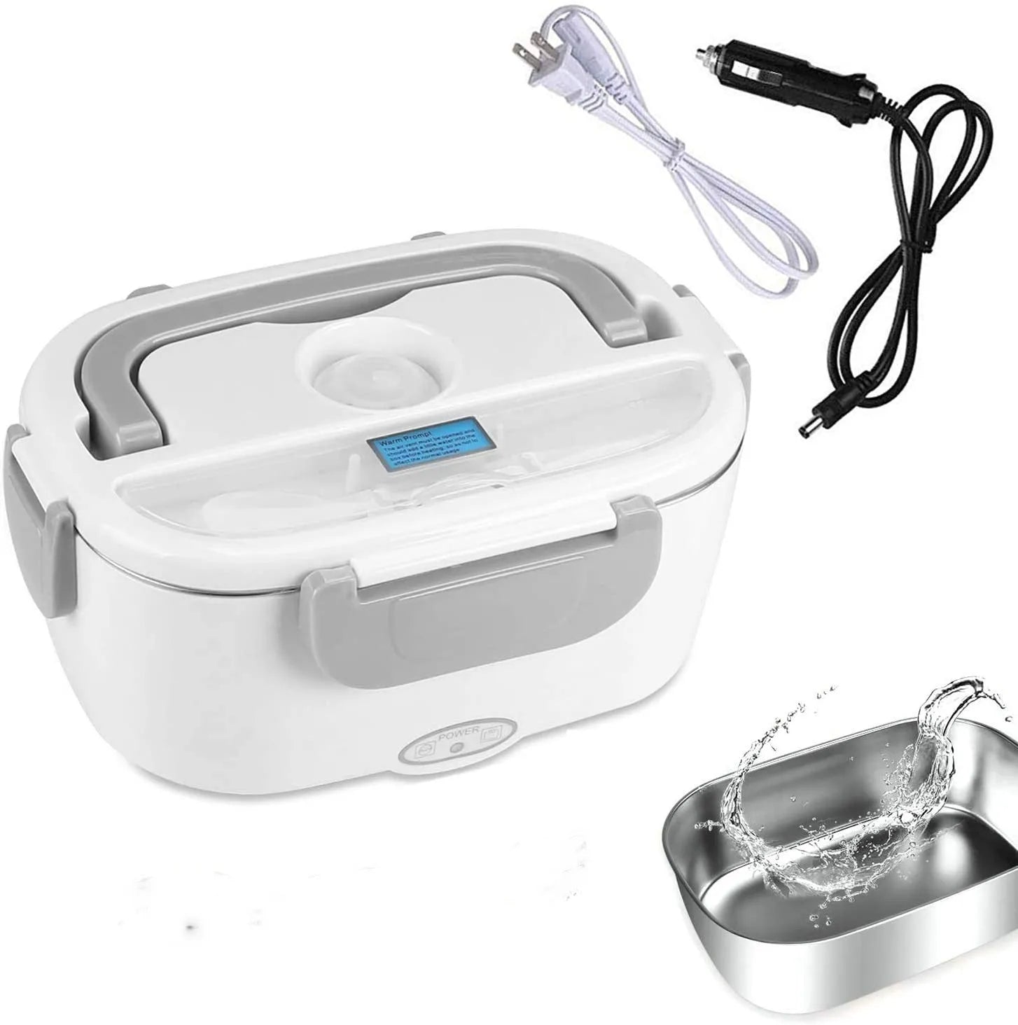 Grey dual-power electric lunch box with car and home compatibility showing mechanical controls