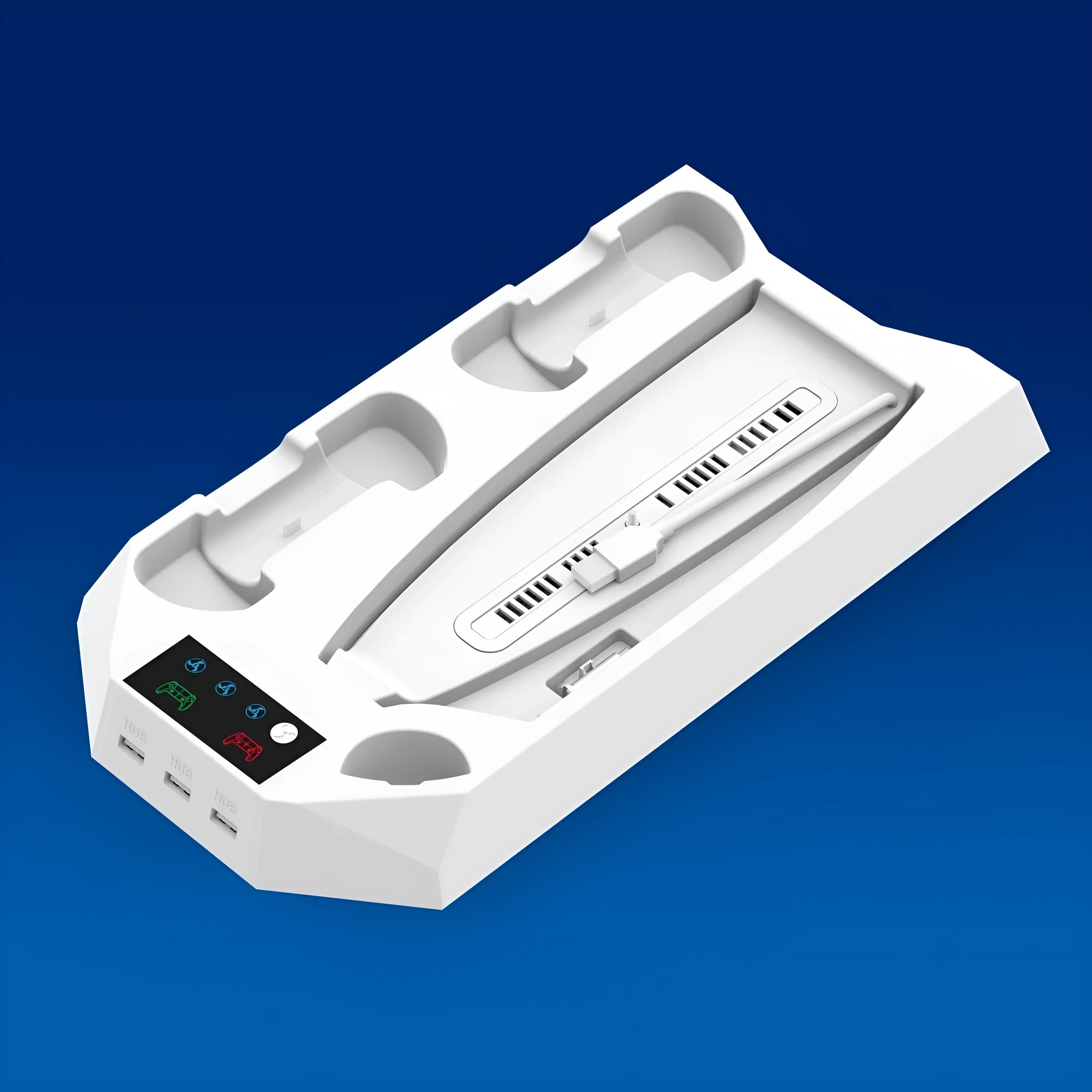 PS5 charging base and radiator stand in black or white with space for console, controllers and headset