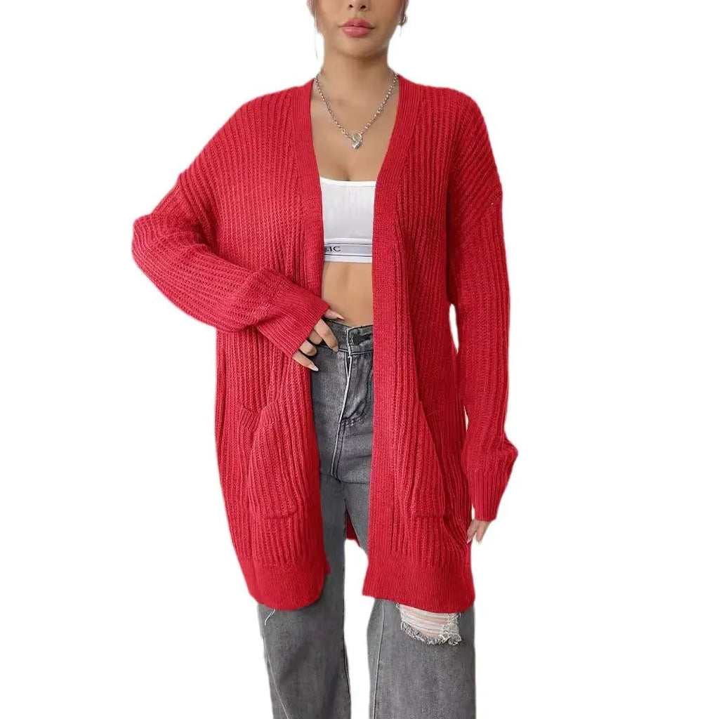 Women's dark green acrylic cardigan sweater with double pockets and long sleeves