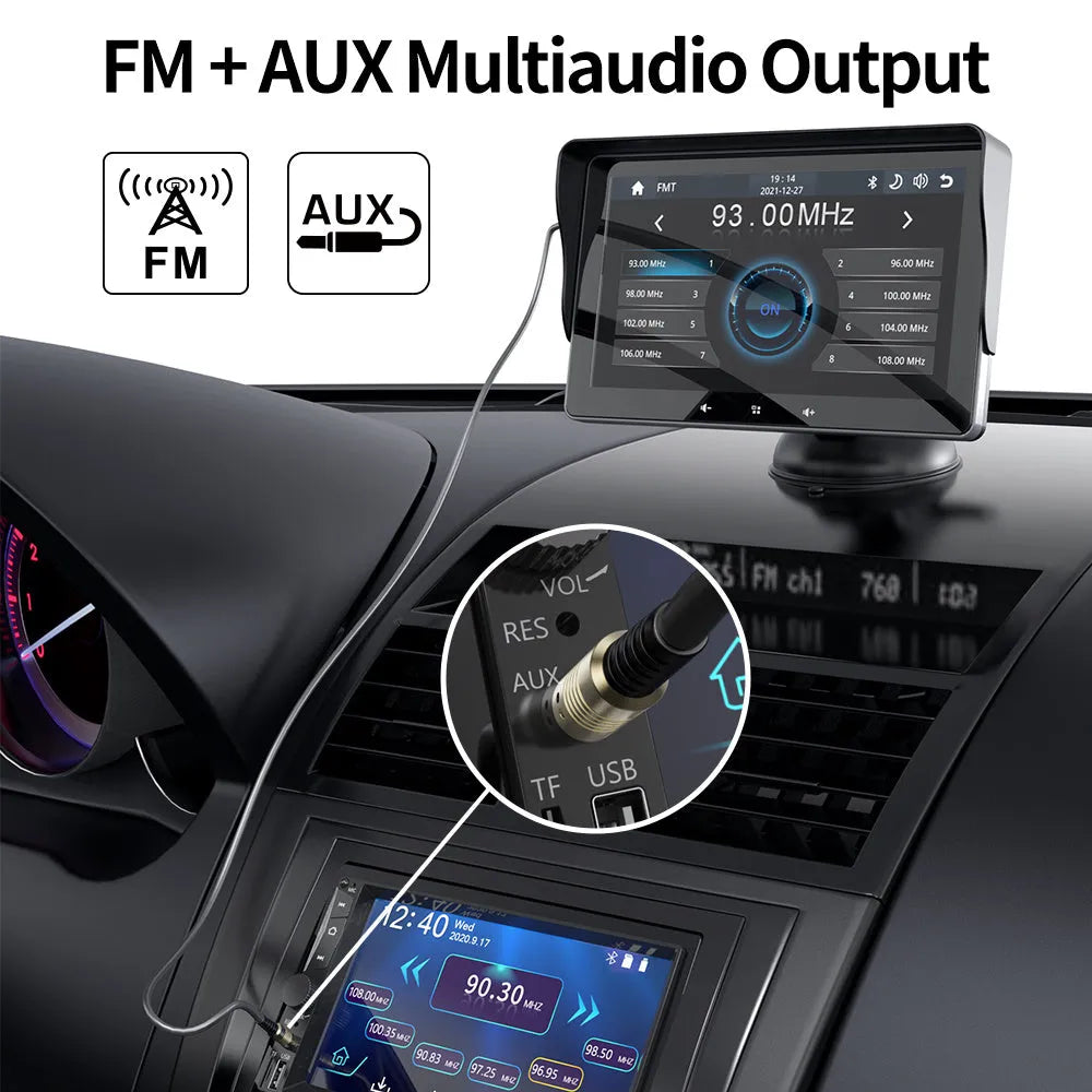 7-inch wireless CarPlay display with cigarette lighter cable and suction cup mount for car dashboard installation