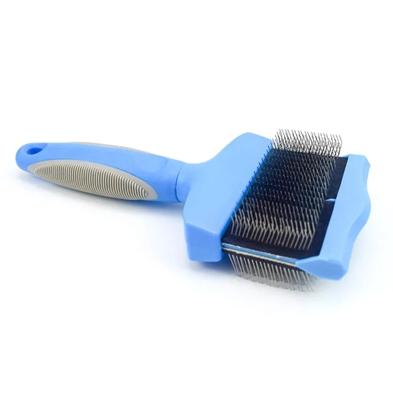 Double-sided pet brush with stainless steel pins on blue ergonomic handle
