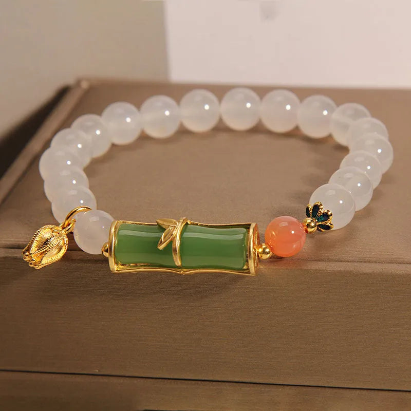 White agate and jade bamboo beaded bracelet in Chinese style for women.