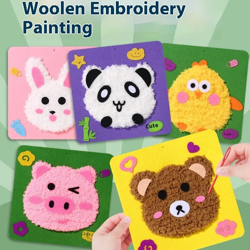 Children's cartoon animal wool embroidery painting kit with cloth base and multiple animal designs