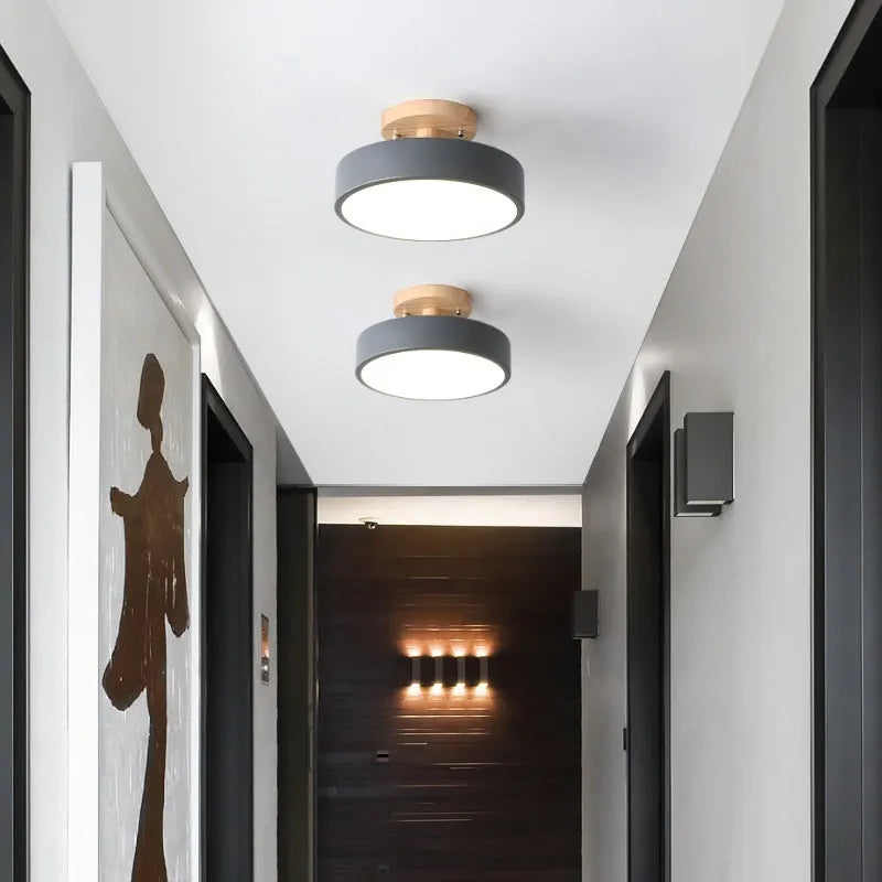 Minimalist Nordic wood art and acrylic ceiling light for corridor or entrance hall