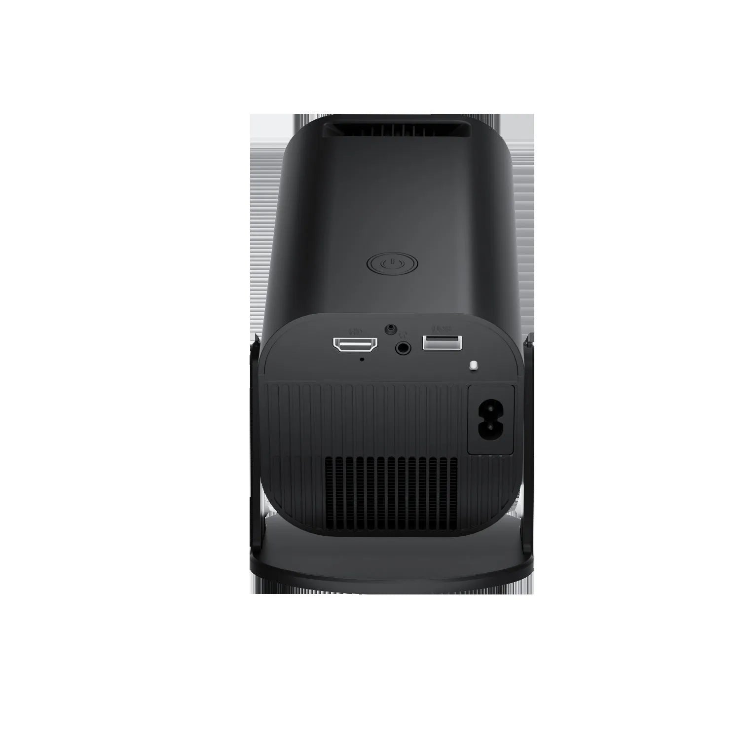 Black P330 portable mini projector with remote control on table displaying movie projection