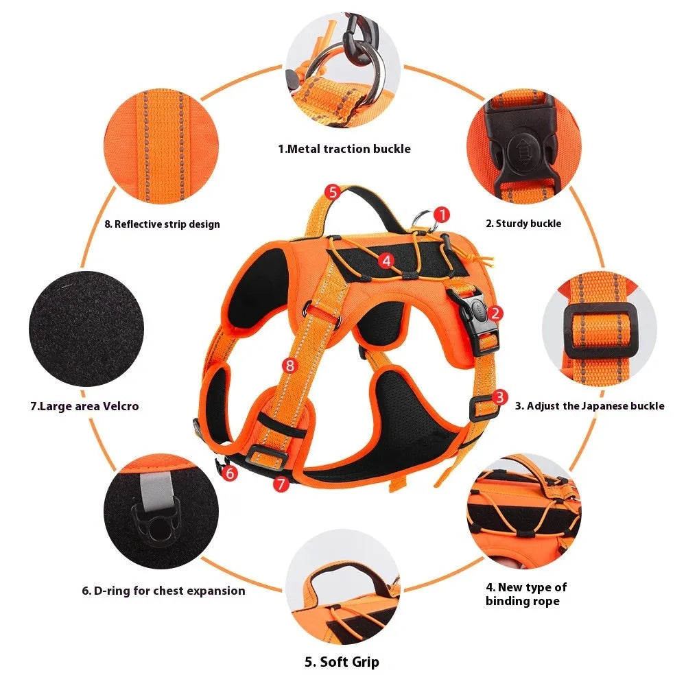 Reflective dog vest harness with hand holding rope in multiple colour options