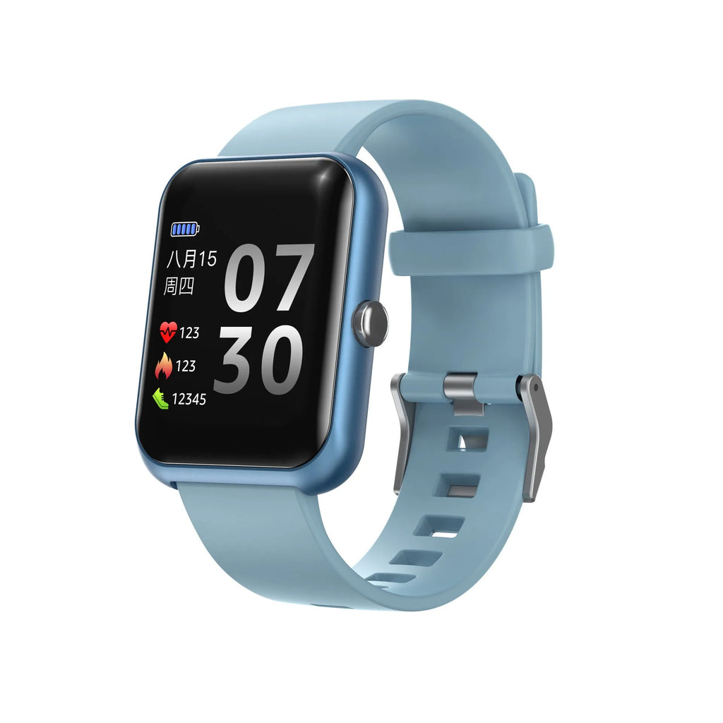 Square-faced Bluetooth sports watch for couples with coloured anodised aluminium case and black silicone strap.