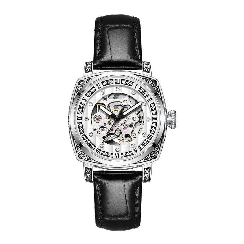 Mechanical wristwatch with luminous hands and leather strap, waterproof to 10m