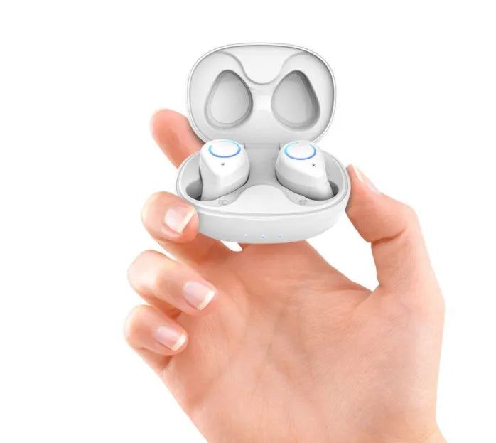 M18 true wireless Bluetooth earbuds in black and white with compact rectangular charging case