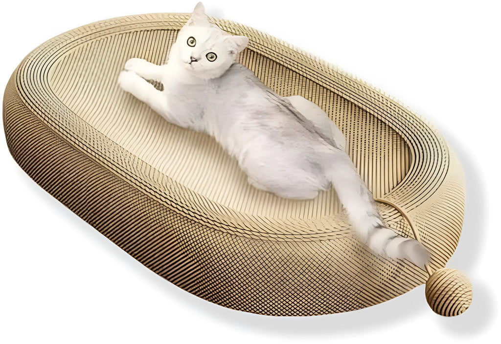 Large rectangular sisal cat scratching board with a flat lounging platform on top, shown in a domestic setting.