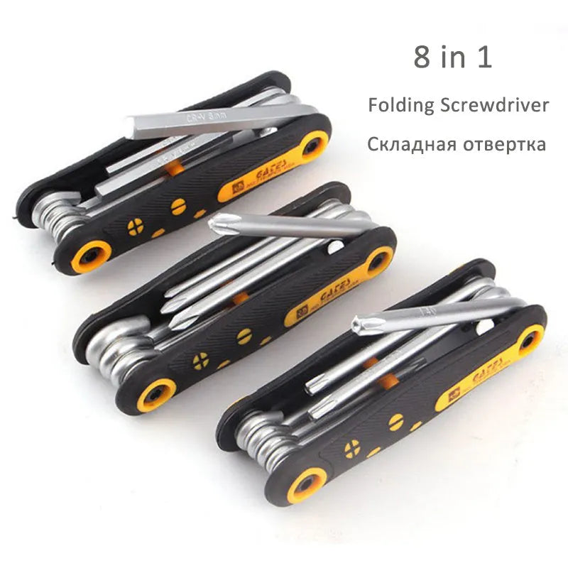 Portable folding 8-piece metric allen wrench set in chrome vanadium alloy steel with compact holder