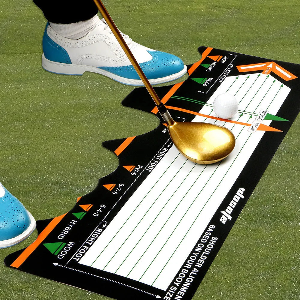 Black neoprene golf swing stance auxiliary pad for alignment and posture training
