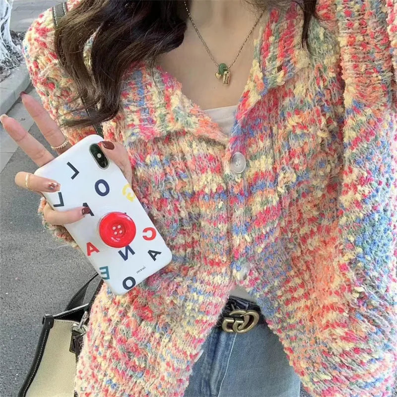 Rainbow knitted cardigan sweater in gentle idle style with slim fit and free size