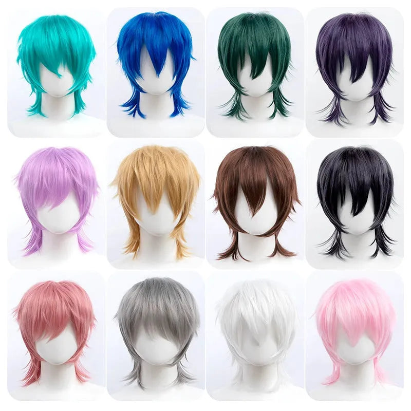 Synthetic short hair anime cosplay wig with anti-curling treatment in various colour options