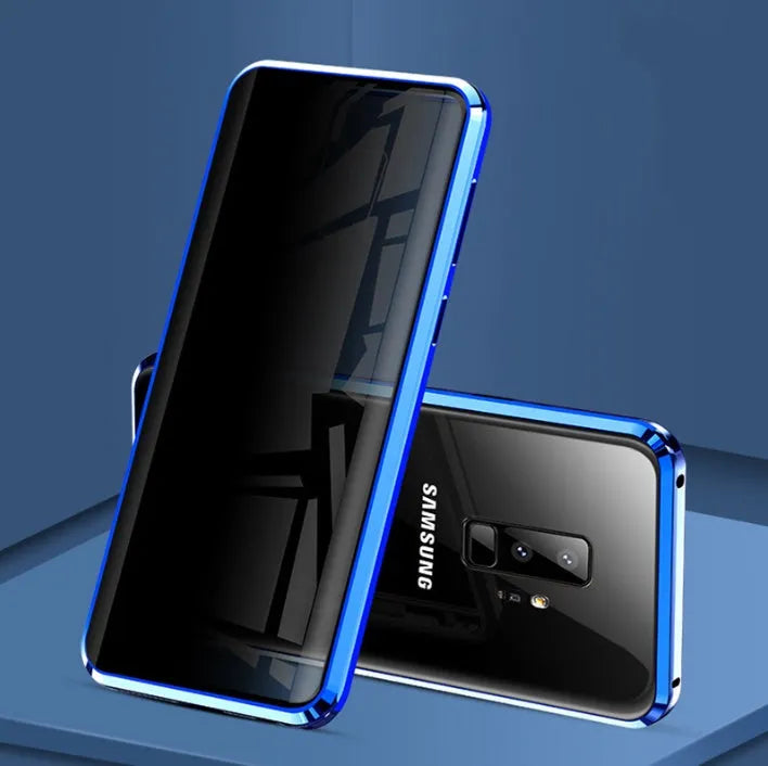 Anti-peeping magnetic phone case for Samsung with double-sided glass and metal frame in solid black colour