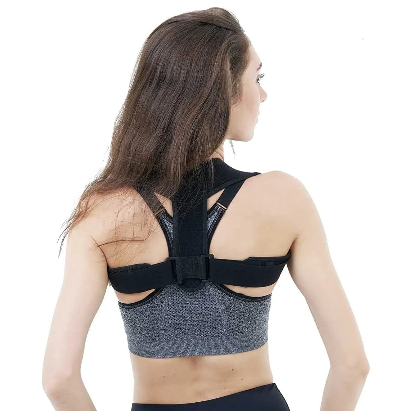 Black elastic adjustable posture correction strap laid flat on a white background.