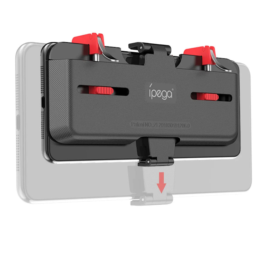 Black PG-9137 mobile game trigger with metal button and telescopic clip attached to a smartphone