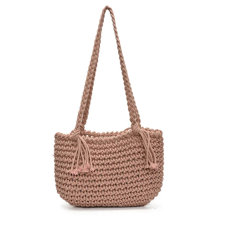 Knitted bucket shoulder bag in beige with external sandwich pocket and sewing thread detail for women