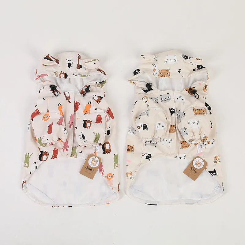 Beige cartoon dog raincoat with double waterproof coating in multiple sizes