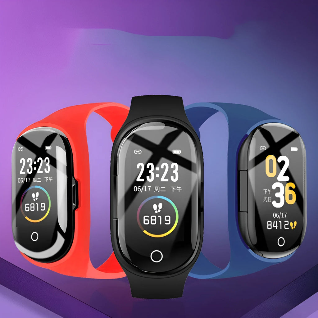 Smart bracelet earphone combo in black, blue, or red colours with a 1-inch screen on a silicone wristband