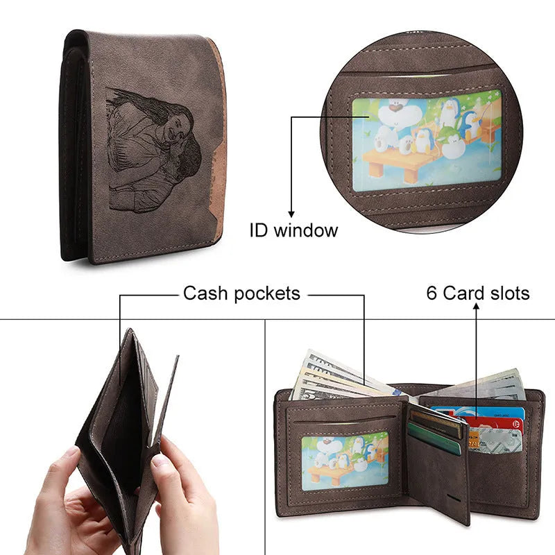 Coffee coloured engraved PU men's wallet showing custom photo and text personalisation.