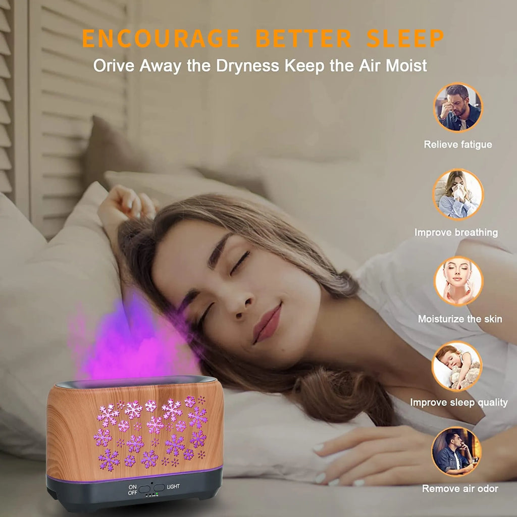 Square plastic humidifier with snowflake wood grain pattern and glowing flame effect light