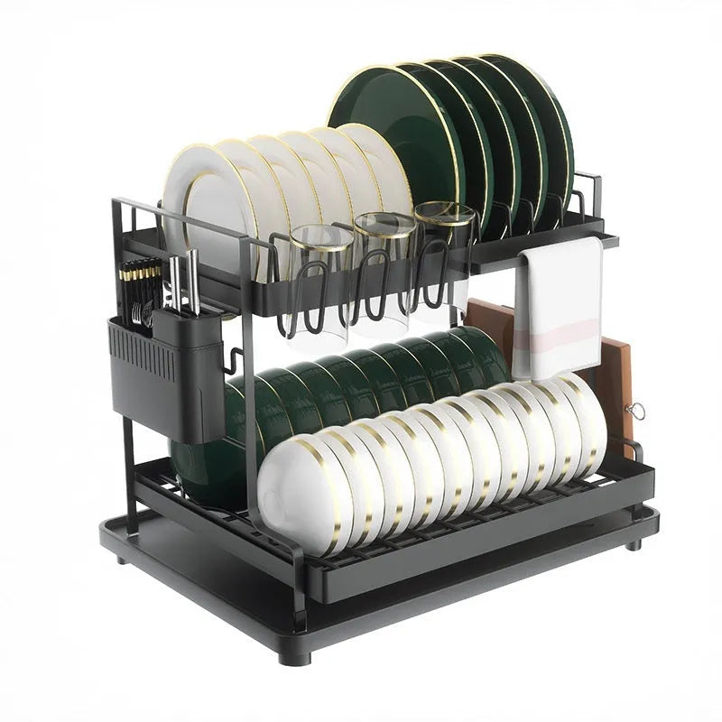 White double-layer kitchen storage rack with removable components for utensil organisation