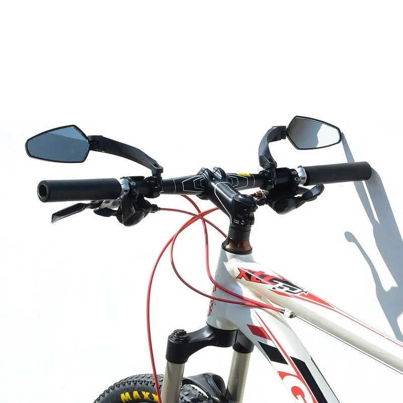 Black rotatable rearview mirror for mountain bike handlebars made from PMMA acrylic.