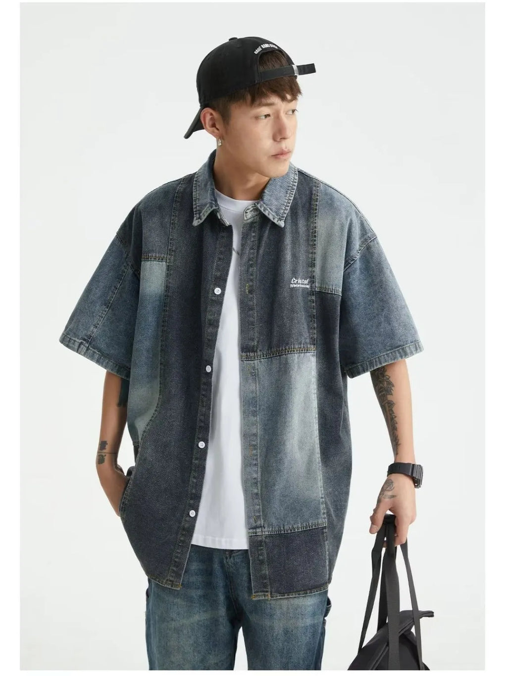 Blue Japanese-style denim shirt with washed stitching, loose fit, and cardigan style for men