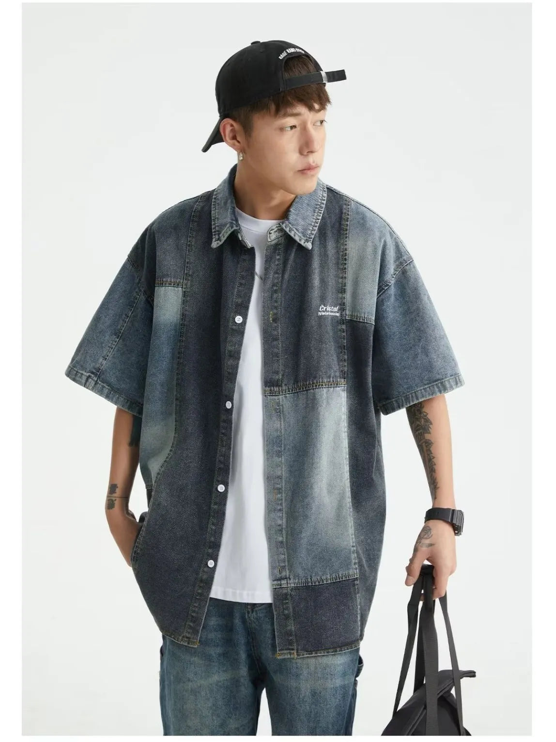 Blue Japanese-style denim shirt with washed stitching, loose fit, and cardigan style for men