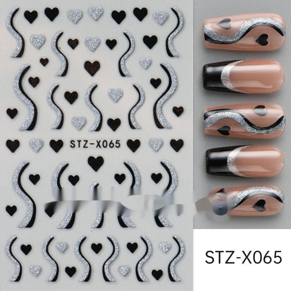 Set of 60 black and silver cartoon pattern nail strip stickers with plastic application patch.