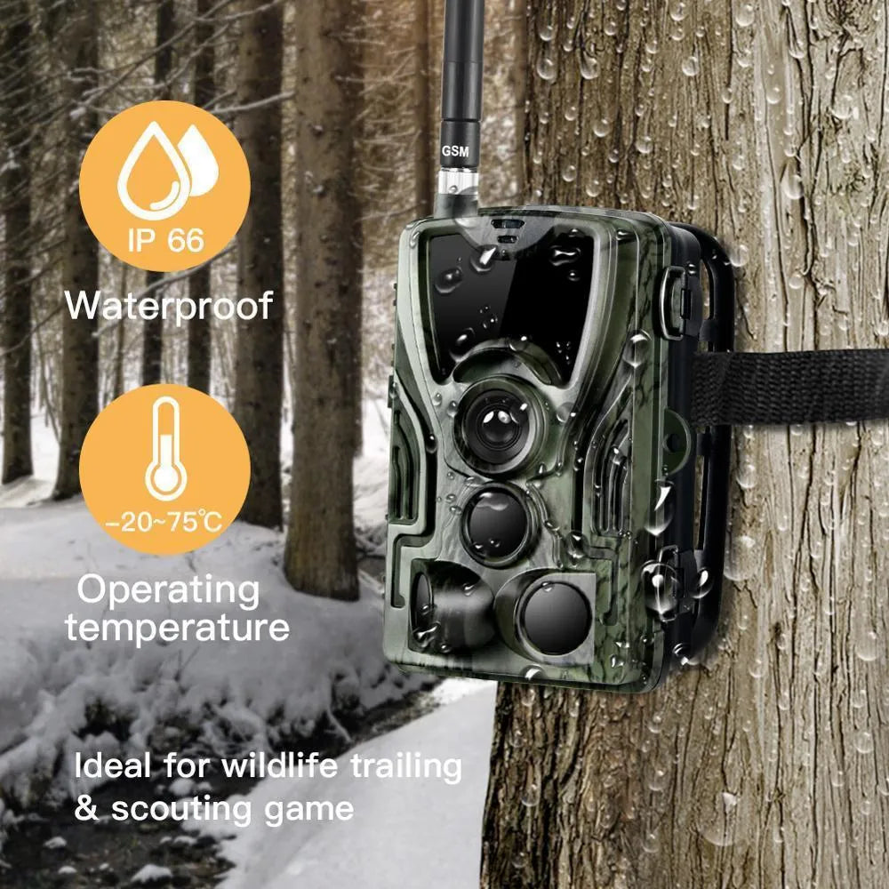 Green cellular trail camera with lens display and mounting bracket for outdoor wildlife monitoring