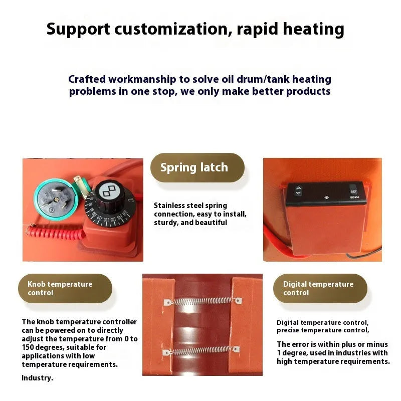 Silicone rubber heating belt wrapped around a 200-litre metal oil drum with digital control unit