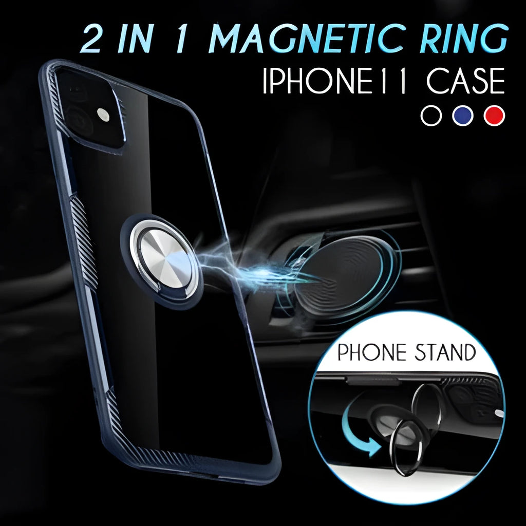 Black iPhone case with detachable car holder arm mounted on dashboard showing shockproof PC construction