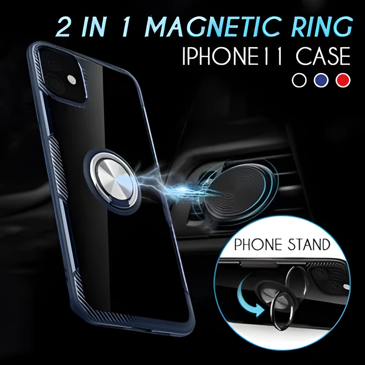 Black iPhone case with detachable car holder arm mounted on dashboard showing shockproof PC construction