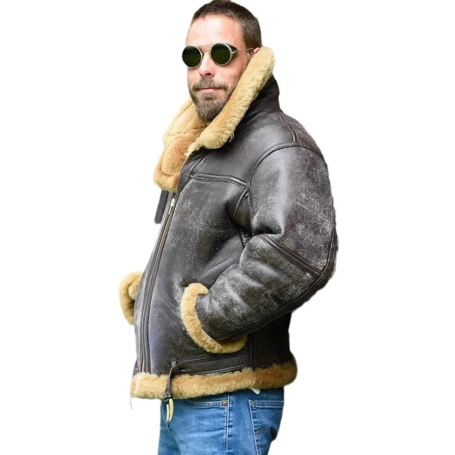 Men's brown synthetic fur coat with straight hem and side pockets for winter wear