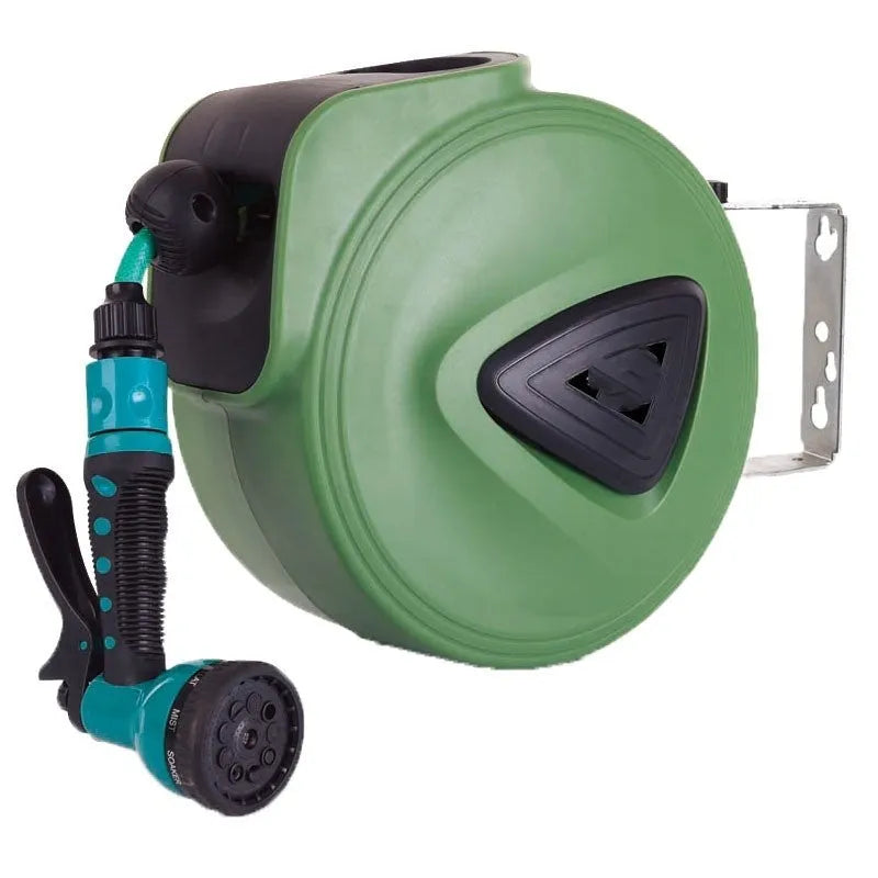 Automatic retractable hose reel with 10m PVC water pipe in compact housing for car wash and garden use