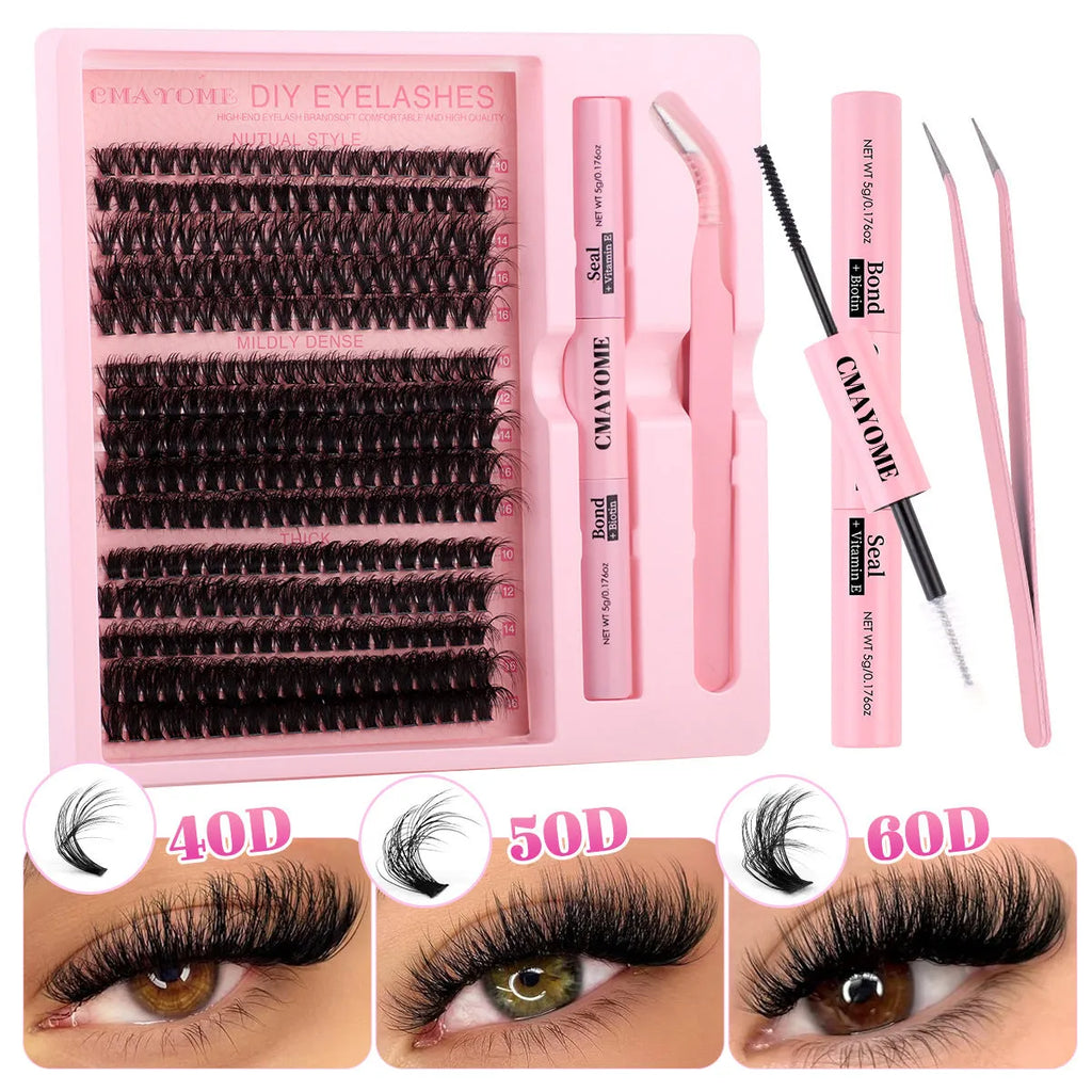 DIY false eyelash extension suit showing cluster segment lashes and application tweezers