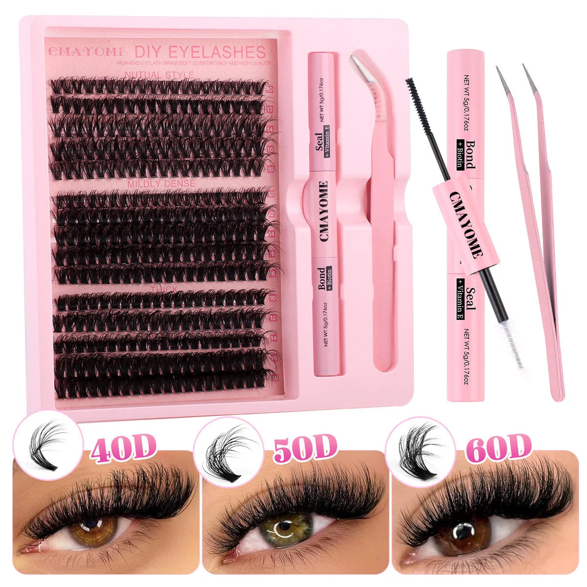 DIY false eyelash extension suit showing cluster segment lashes and application tweezers