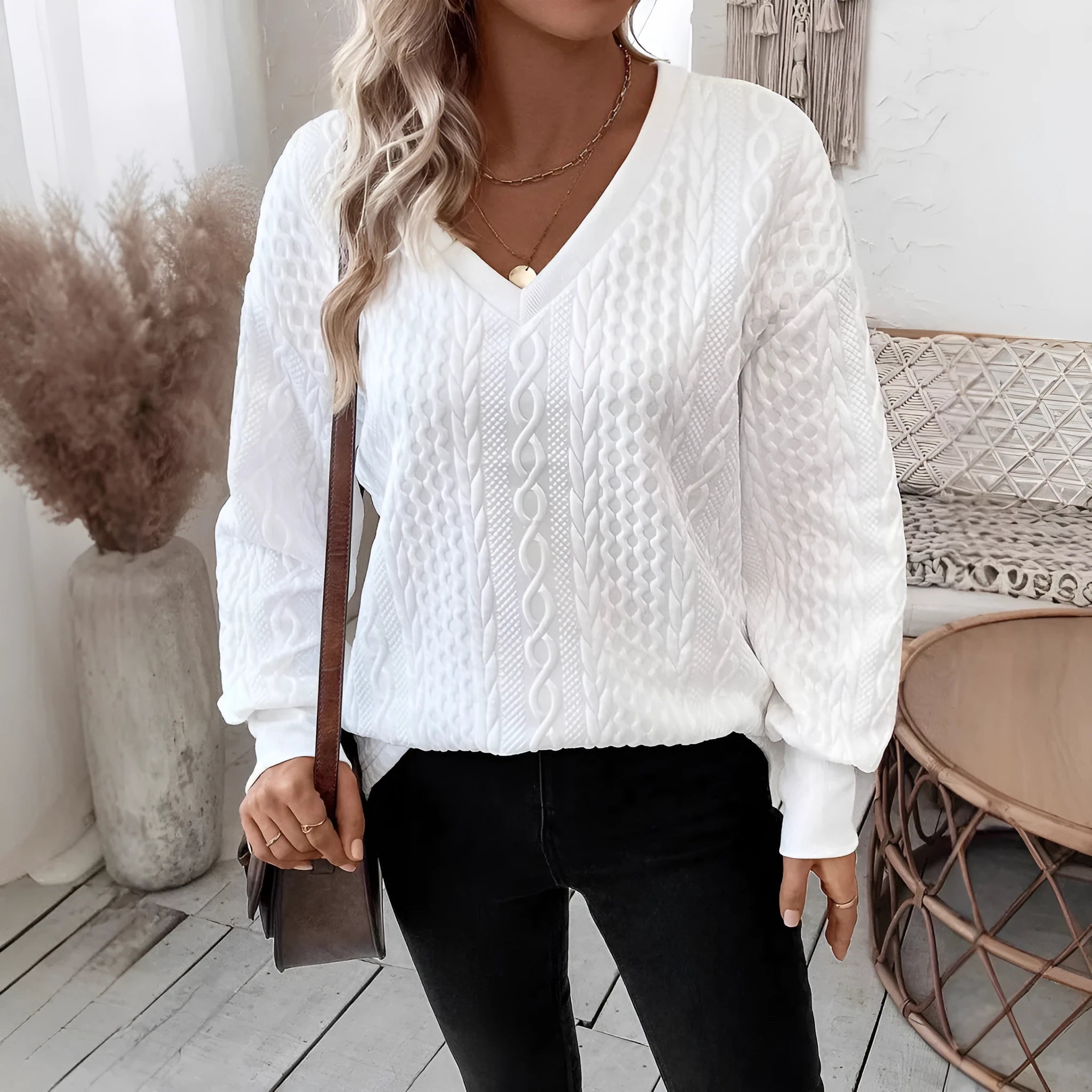 Milky white loose fit long sleeve T-shirt with 3D pattern design in Japanese Korean casual style