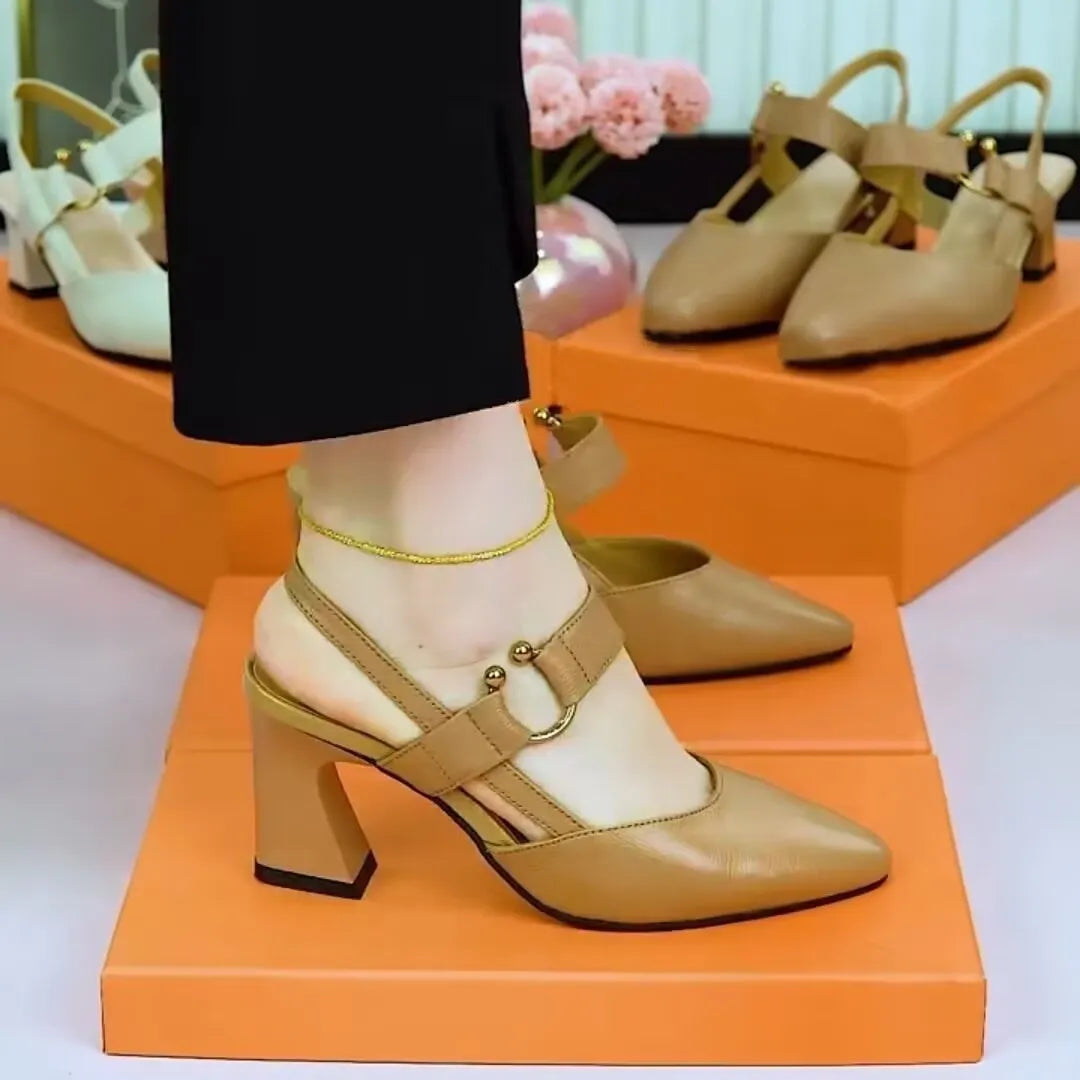 Women's apricot pigskin leather closed toe sandals with a chunky heel and rubber sole.