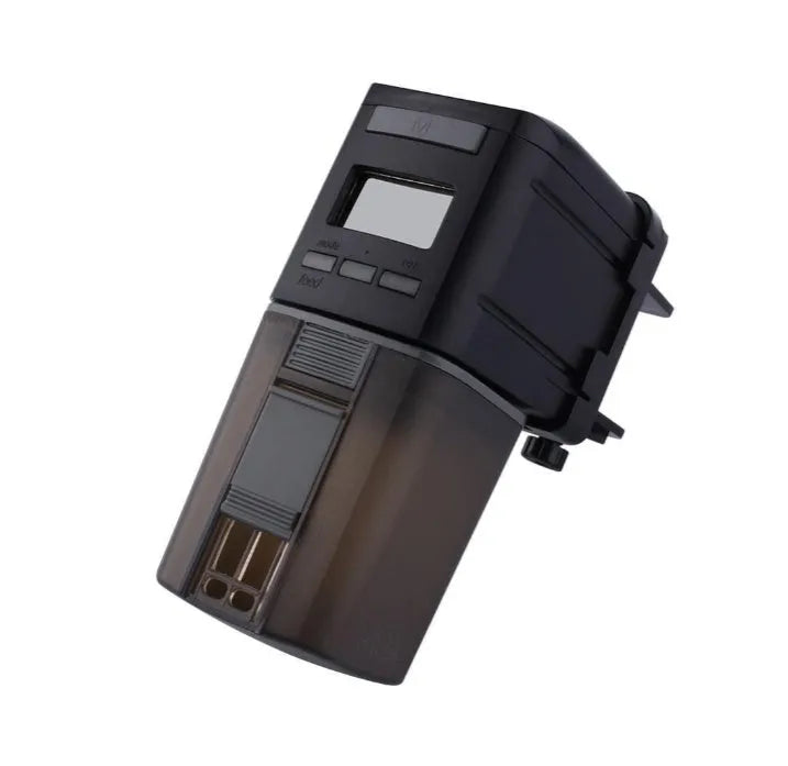 Black automatic fish feeder with timer, 175ml capacity, fixed clamp and velcro strap for tank installation