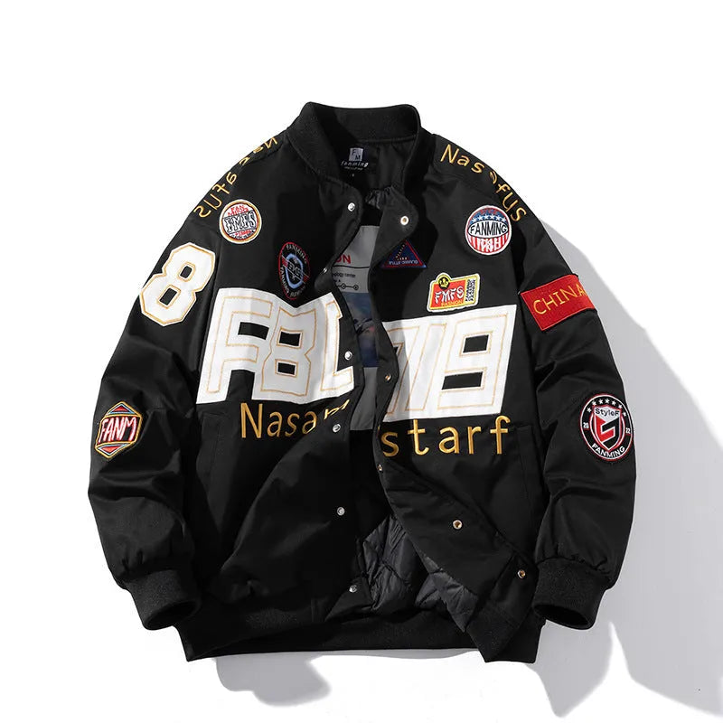 American motorcycle baseball uniform in black, blue, or red with removable hood and side pocket