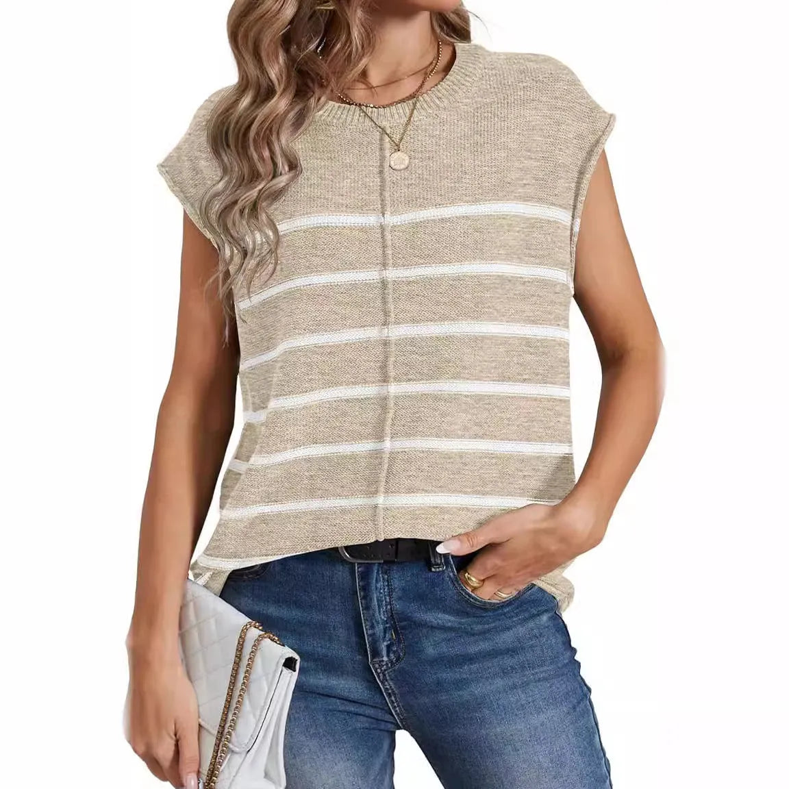 Women's striped sleeveless pullover top with bone stitching in apricot colour