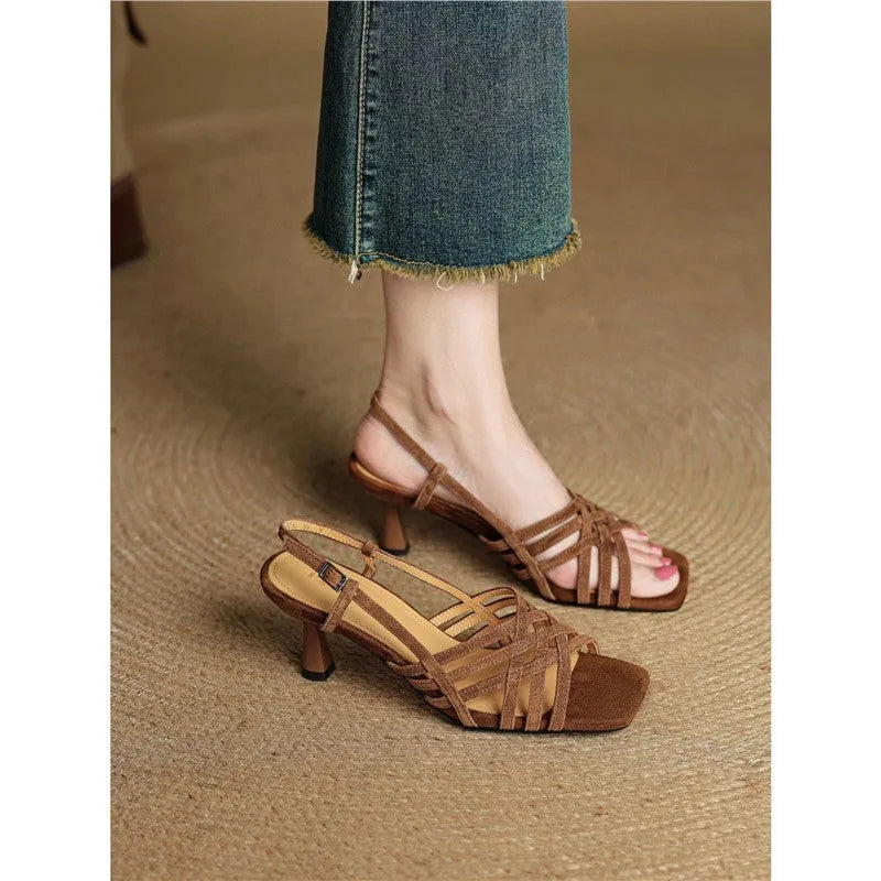 Retro women's sandals with thin cross straps, square toe, ankle buckle, and 3-6cm mid-heel