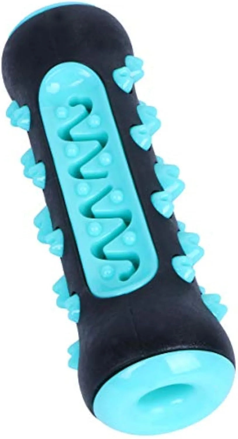 Natural rubber dog dental chew toy with ridges, 15cm long, in blue, green, yellow or black blue