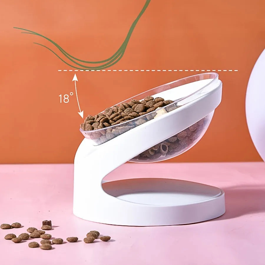 White elevated cat food bowl with anti-vomit tilt design for neck protection