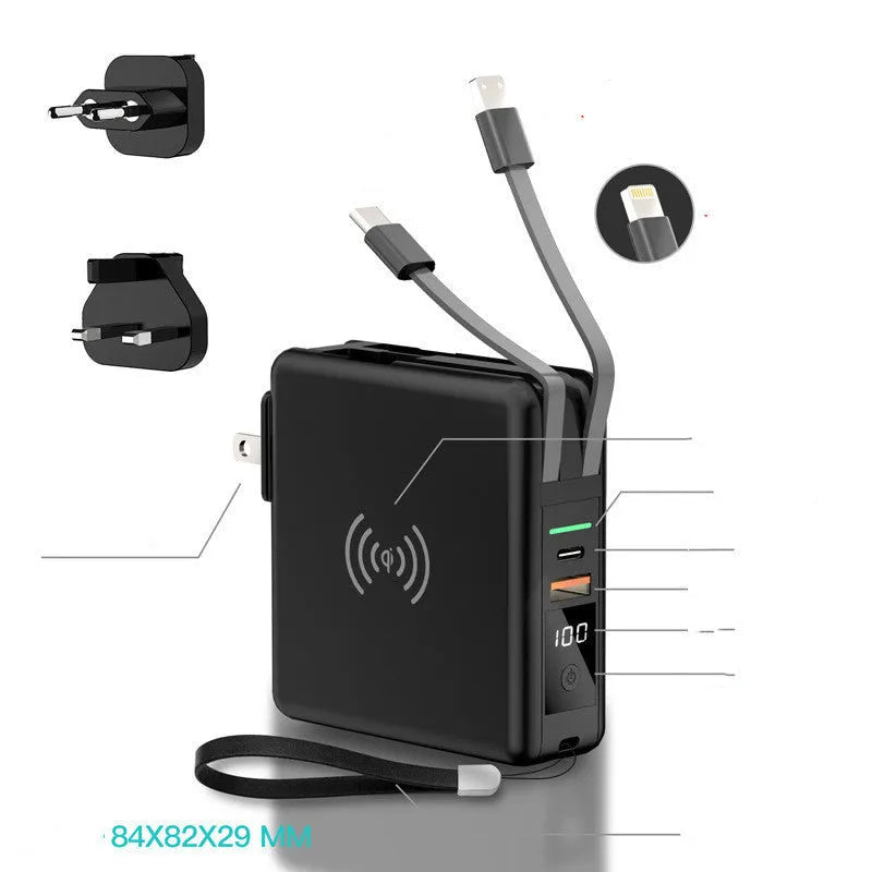 Super QI wireless charging power bank with PD20W fast charging and international plug set in black colour