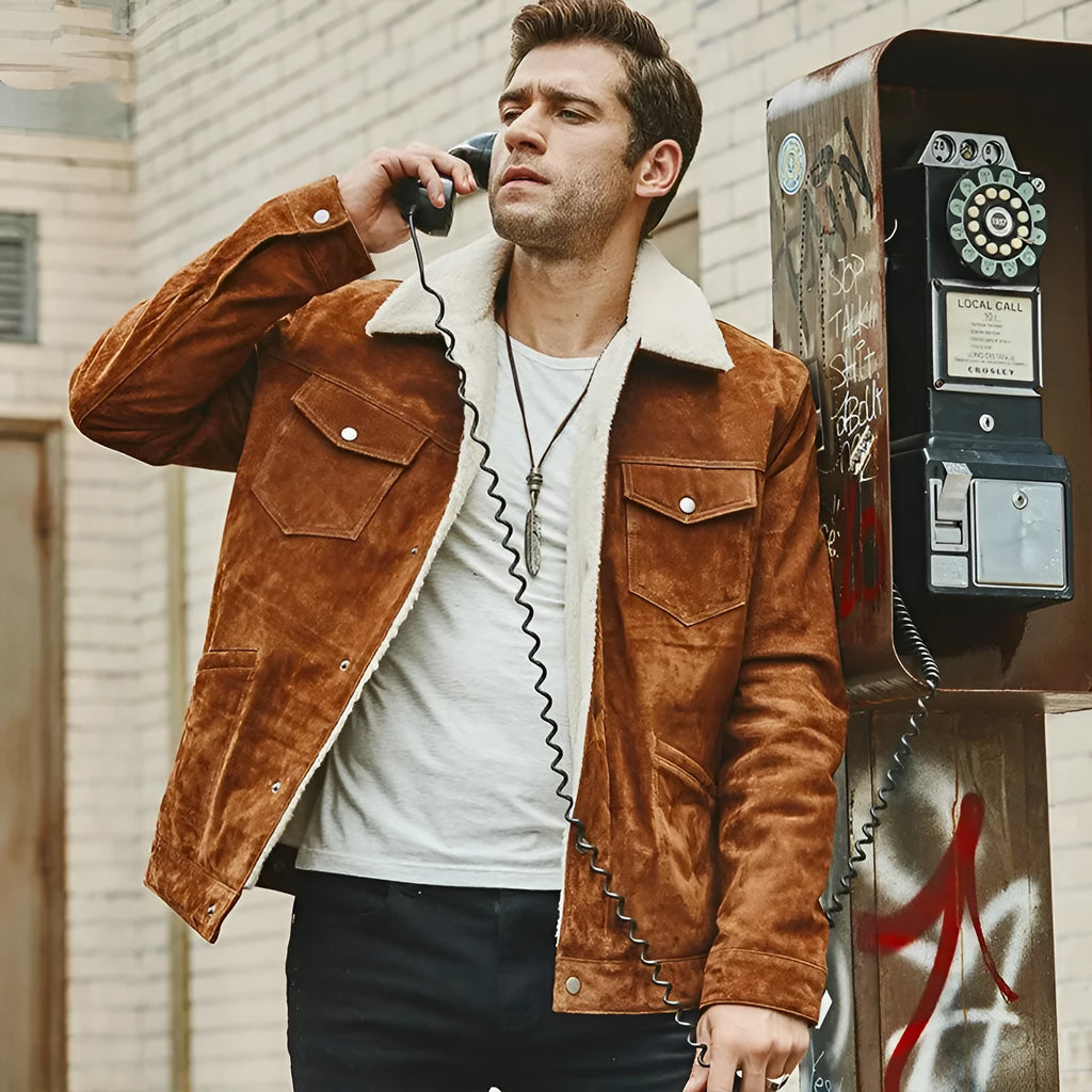 Men's genuine brown pigskin leather jacket with cotton padding and lapel collar